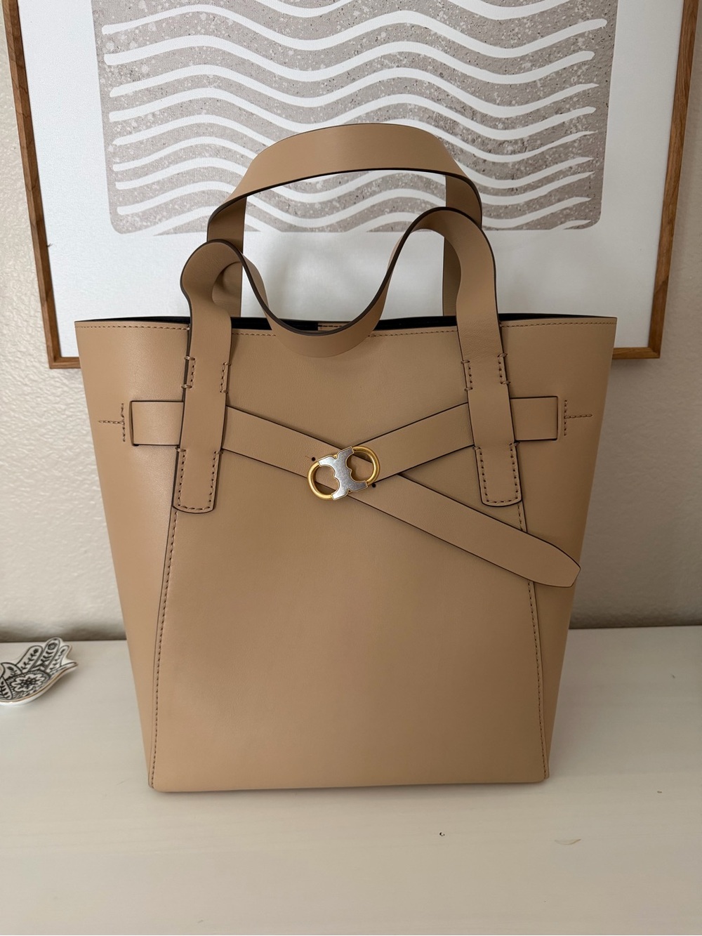 Tory Burch Tan Leather Tote with Gold Ring Detail